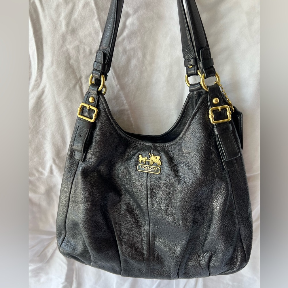 Authentic Black Leather Coach Purse, Purple Interior